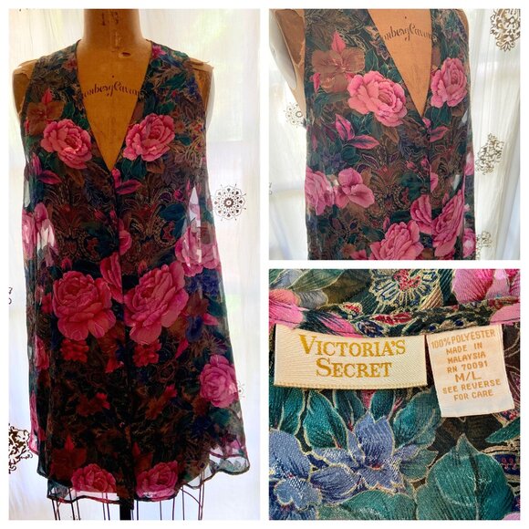 Vintage VICTORIAS SECRET Gold Label Sheer Roses Floral Chemise Nightgown M/L EUC - Picture 1 of 8